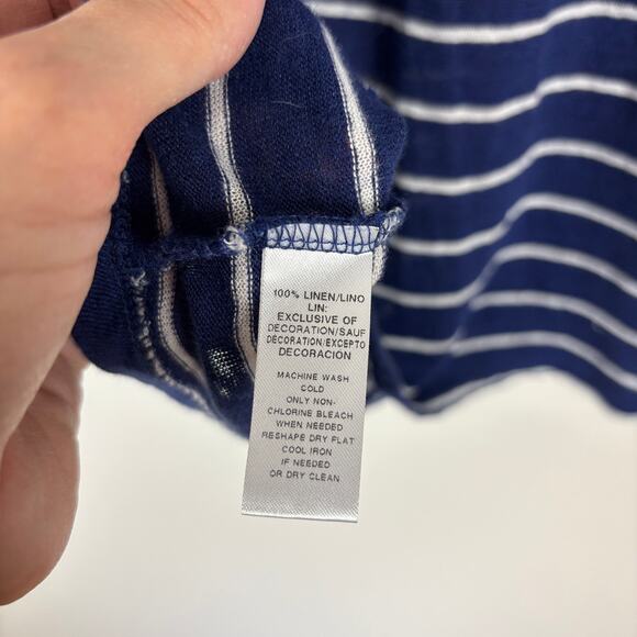 Lou & Grey 100% Linen long sleeve top Navy Blue White Stripes Medium crewneck - Picture 6 of 6
